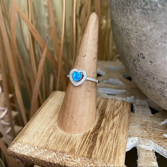 Blue Opal & CZ Heart Sterling Silver Ring size 6 - Picture 3 of 7